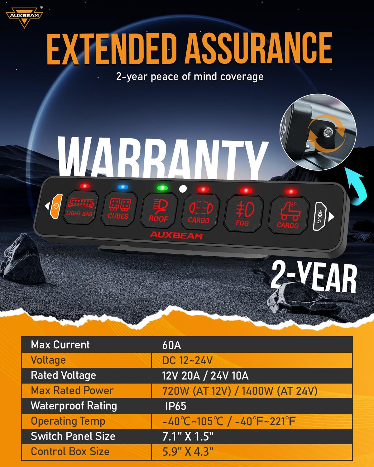 Auxbeam 6 Gang Slim Switch Panel Bluetooth RGB AS-600 with APP&Wireless Remote Control Toggle Momentary Pulsed Dimmable Pod Backlit Off Switch Box for Offroad Truck Waterproof,2-Year Warranty
