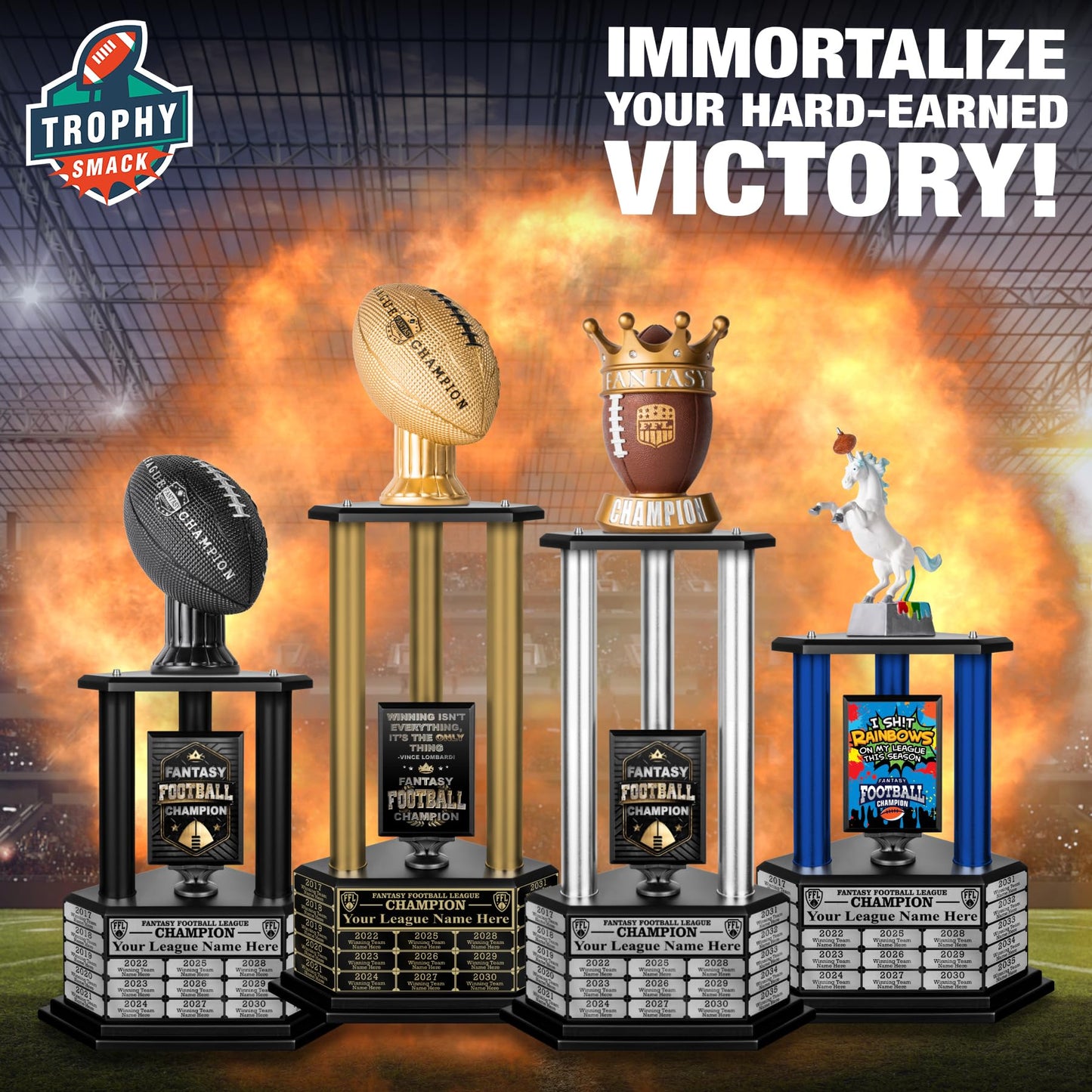 TrophySmack Fantasy Football Trophy, Championship Award - Engravings Included with Up to 19 Years Past Winners, 26 Inch Tall (Black Football, Gold Columns, Winning is Everything)