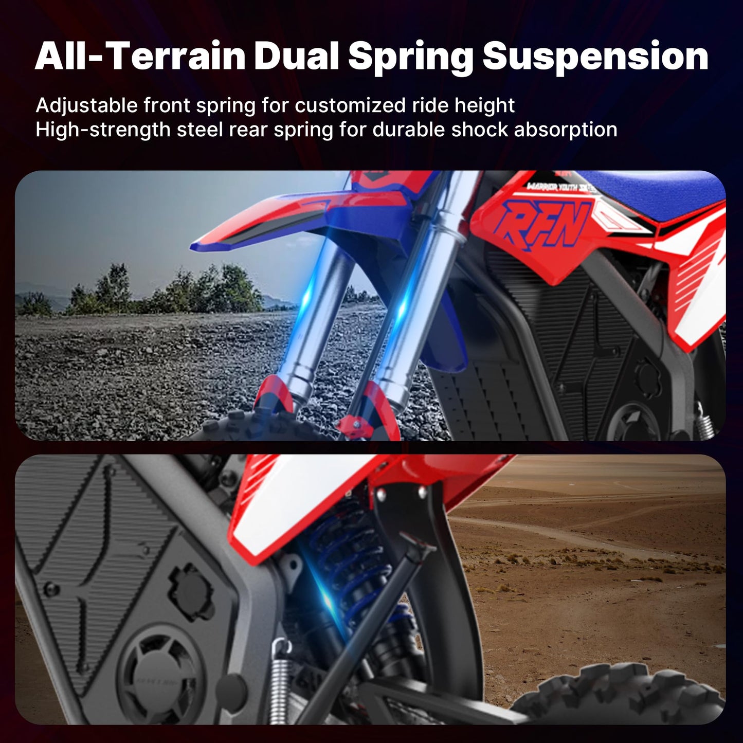 RFN Warrior Youth SX-E2 Electric Dirt Bike for Age 13+, 2000W Peak Motor,31 MPH Top Speed, 3-Speed Modes, 48V 15AH,19 Miles Range,12"/10" F/R Wheels, Dirt Bike with Dual Hydraulic Disc Brakes.