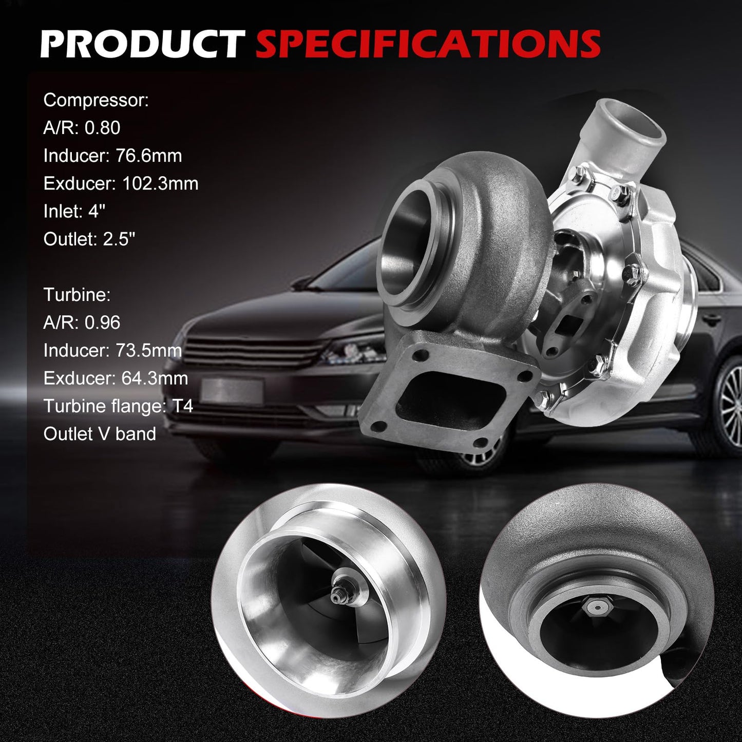 Autodevil T76 Universal Turbo Turbocharger with Flange T4, Turbo Charger Compatible with AR.96 600-1000HP Boost for V8 Cars for Above 3.5L Engines