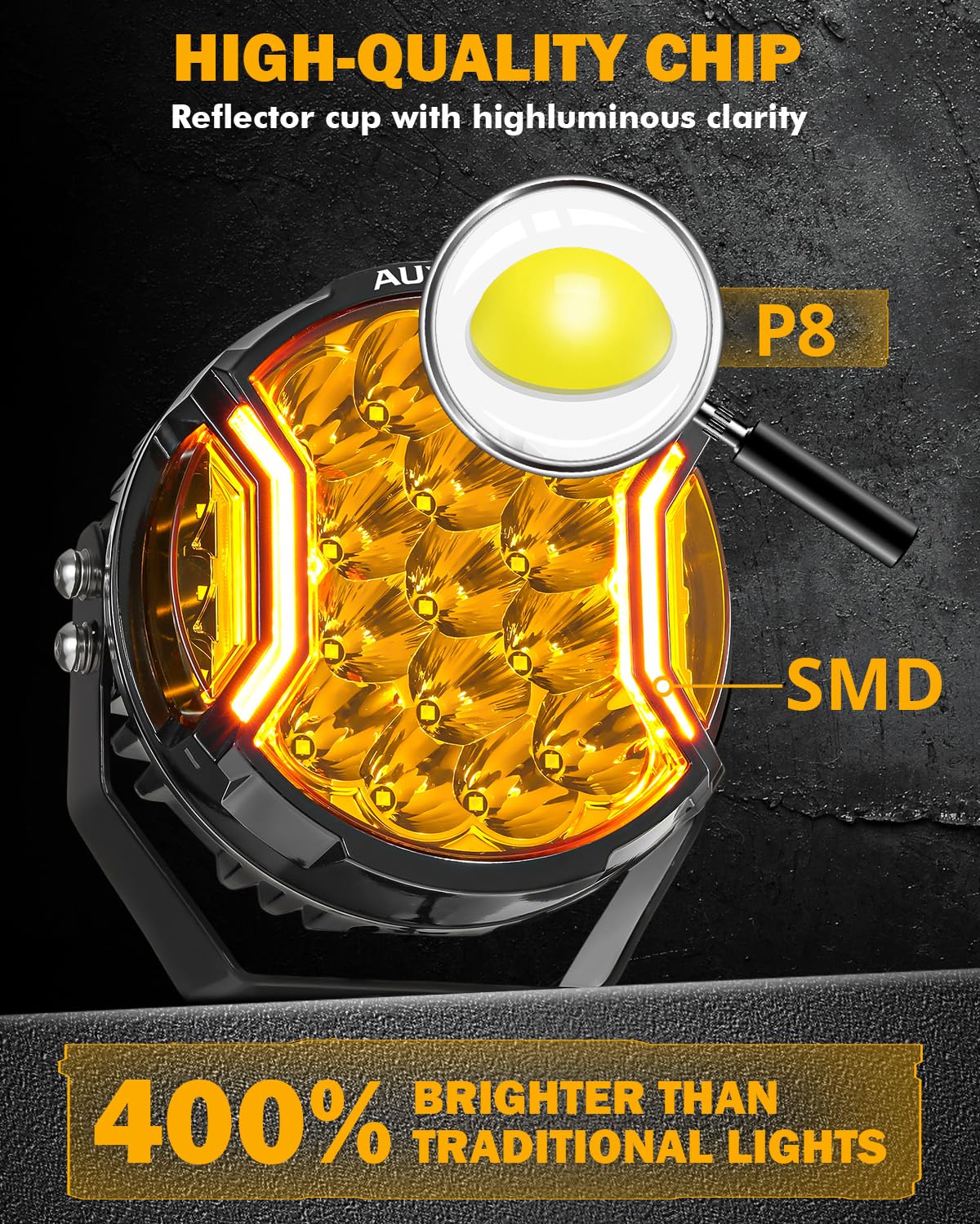 Auxbeam V-Ultra Series 7 Inch LED Side Shooter Light, 226W 26800LM Amber Hyper Spot Beam Offroad Round Lights with Amber DRL& Black Cover-4PCS