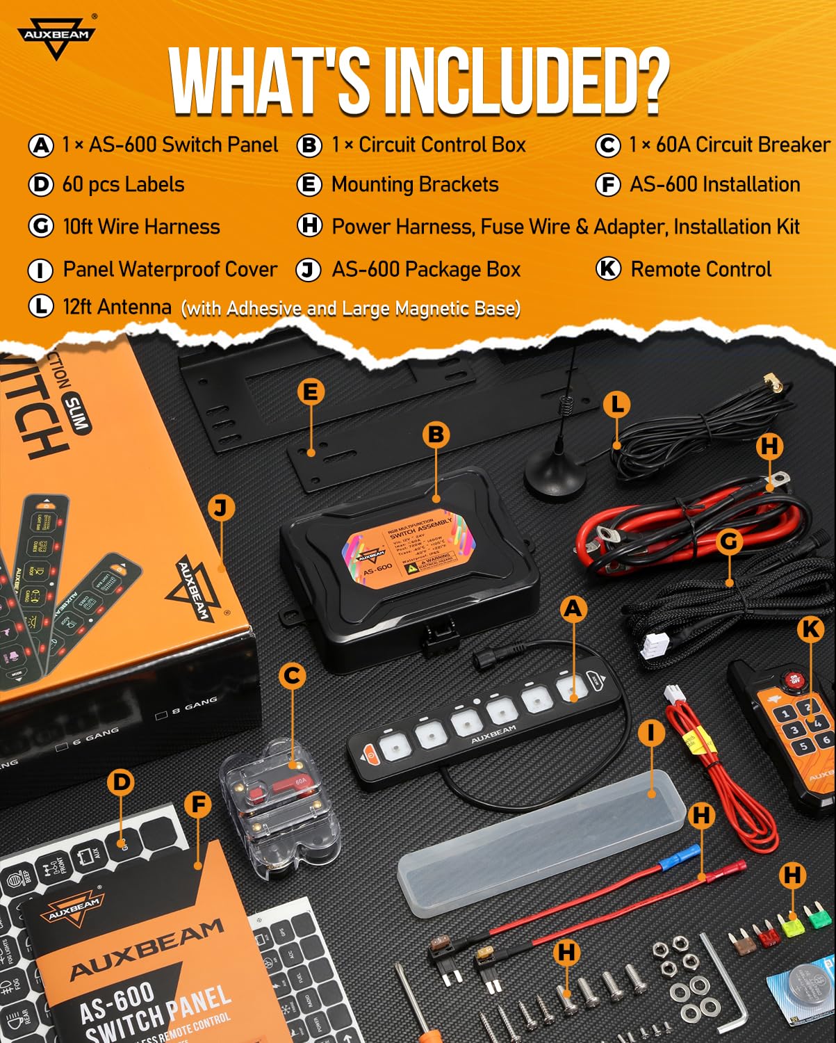 Auxbeam 6 Gang Slim Switch Panel Bluetooth RGB AS-600 with APP&Wireless Remote Control Toggle Momentary Pulsed Dimmable Pod Backlit Off Switch Box for Offroad Truck Waterproof,2-Year Warranty
