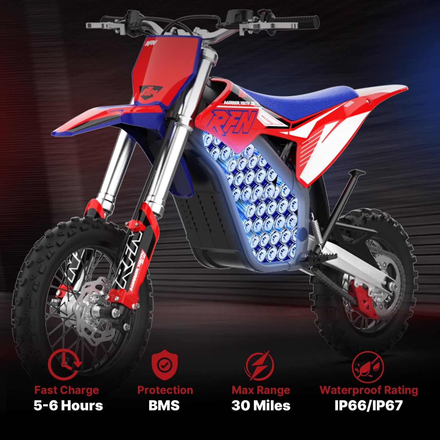 RFN Warrior Youth SX-E2 Electric Dirt Bike for Age 13+, 2000W Peak Motor,31 MPH Top Speed, 3-Speed Modes, 48V 15AH,19 Miles Range,12"/10" F/R Wheels, Dirt Bike with Dual Hydraulic Disc Brakes.