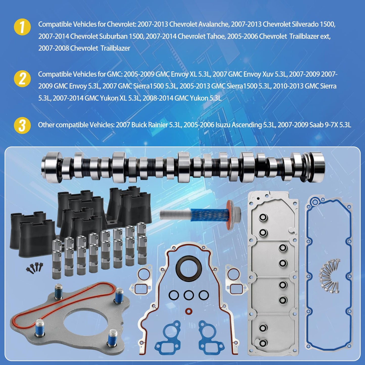 BTSCAR NON AFM/DOD 5.3 Camshaft Lifter Kit Fit for 2007-2013 Chevy Avalanche Silverado 1500 Tahoe Trailblazer, GMC Sierra Yukon Envoy, Buick SAAB Isuzu, w/Thrust plate & Valley Cover Gasket #12598832