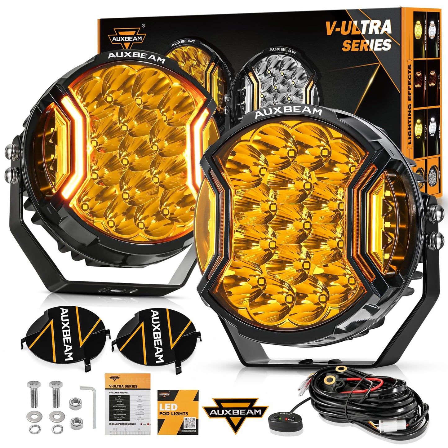 Auxbeam V-Ultra Series 7 Inch LED Side Shooter Light, 226W 26800LM Amber Hyper Spot Beam Offroad Round Lights with Amber DRL& Black Cover-4PCS