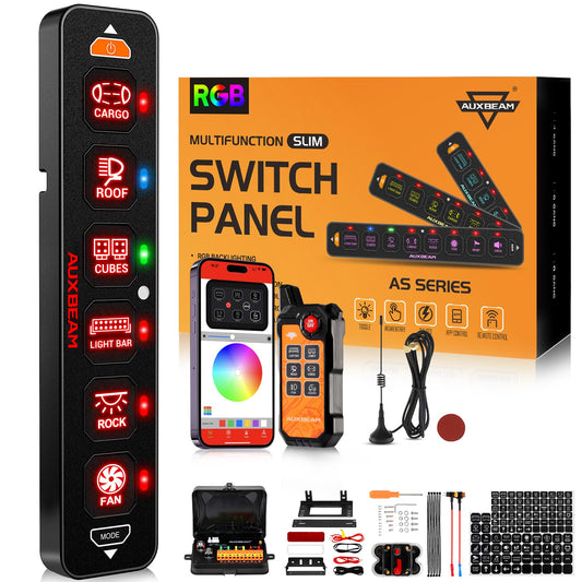 Auxbeam 6 Gang Slim Switch Panel Bluetooth RGB AS-600 with APP&Wireless Remote Control Toggle Momentary Pulsed Dimmable Pod Backlit Off Switch Box for Offroad Truck Waterproof,2-Year Warranty