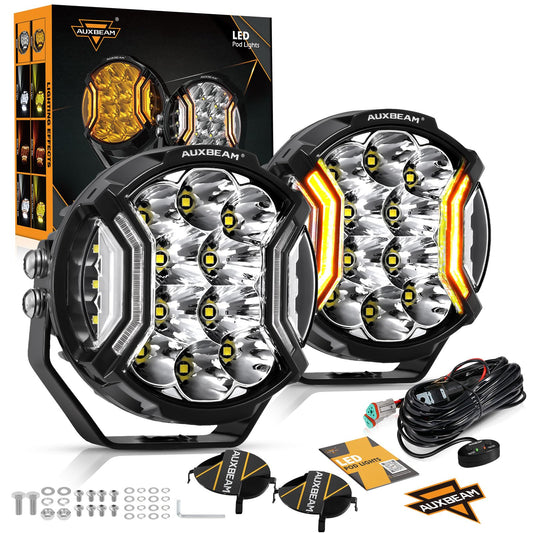 Auxbeam 5In V-Ultra Series 172W LED Light Pods, Offroad Round Driving Light with Amber DRL, 270° Wide Range Super Bright Side Shooter White Hyper Spot Beam Universal Lights with Black Cover-2PCS
